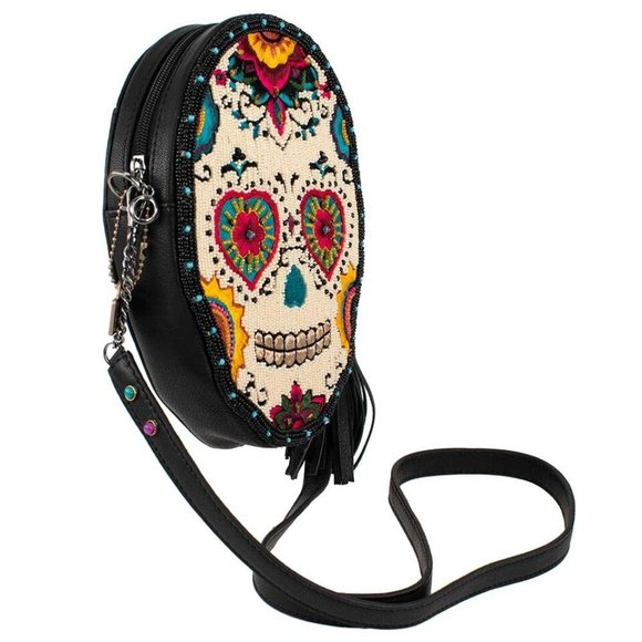 Mary Frances Sweet Calavera Sugar Skull Handbag Black Bead Purse Leather Bag New - Picture 2 of 6